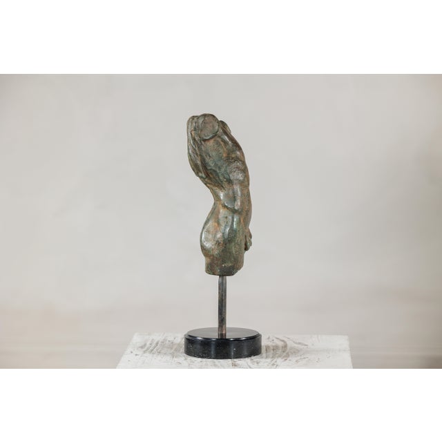 Late 20th Century Small Male Torso Bronze Sculpture on Circular Marble Base For Sale - Image 4 of 15