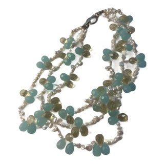 1990s Gemstone Triple Aqua, Citron ,Pearl Necklace For Sale