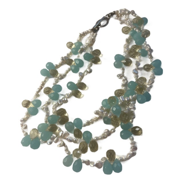 1990s Gemstone Triple Aqua, Citron ,Pearl Necklace For Sale