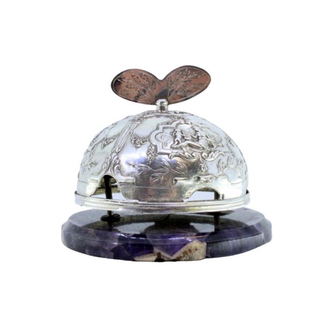 Silver Bell in Cut-Out Silver with Angelic Relief, Floral Motifs and Marble Stone Base For Sale - Image 8 of 8
