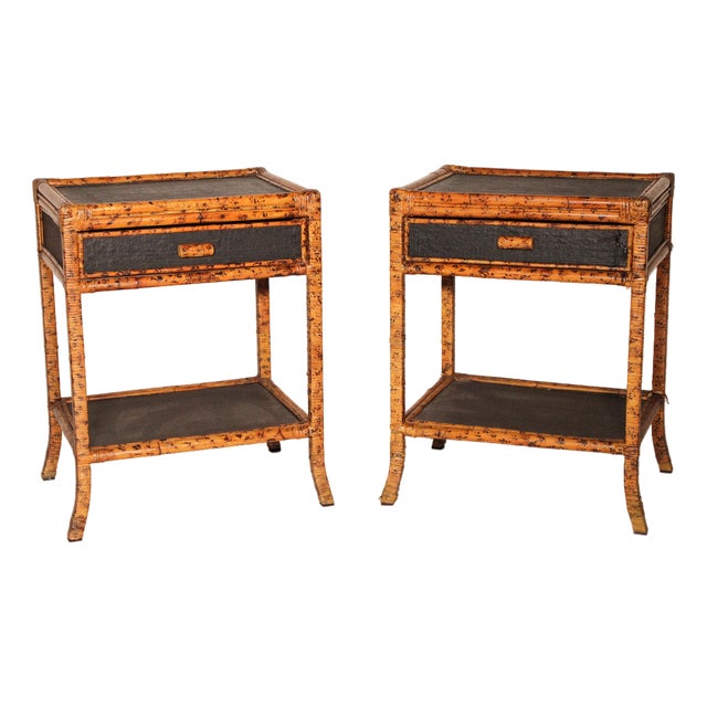 Pair of Aesthetic Movement Style Rattan, Metal and Canvas Side Tables For Sale