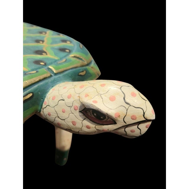 Wood Hand Painted Wood Carved Whimsical Standing Turtle Shell Plant Stand Side Drink Table For Sale - Image 7 of 9