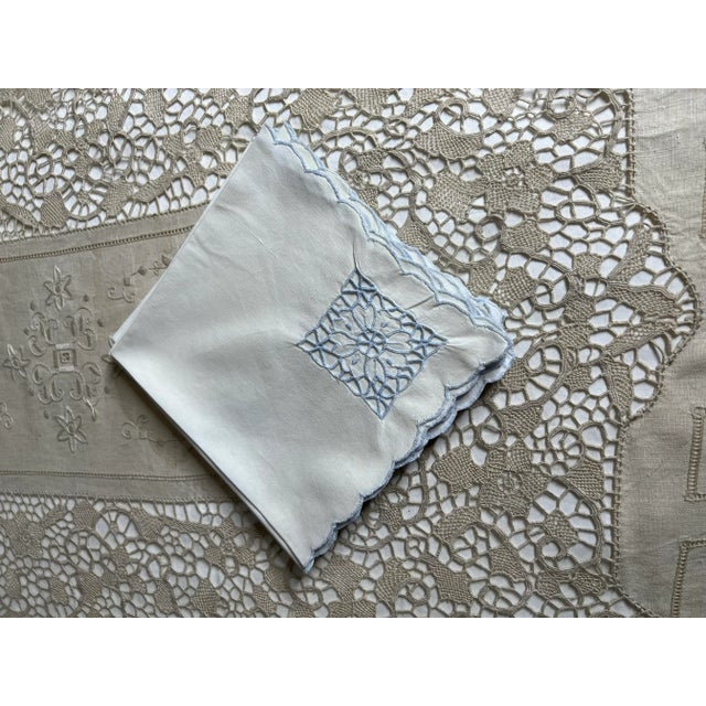 Vintage Mid Century 50s Set of 8 Ice Blue Embroidered Battenburg Linen ...