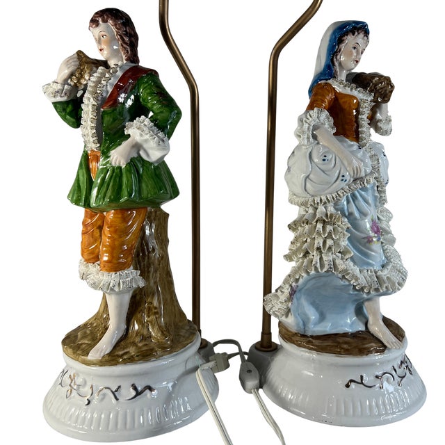 Vintage Porcelain Figural Lamp Young Man & Woman- A Pair For Sale - Image 11 of 16