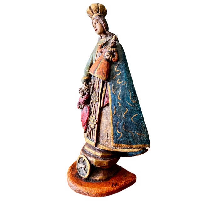 Antique Religious Folk Art - Carved Wooden Spanish Colonial Santos Figure of the Madonna and Child For Sale - Image 4 of 18