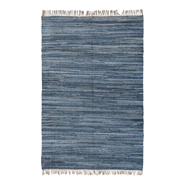 Recycled Denim Blue Hand Woven Cotton Boho Rug For Sale