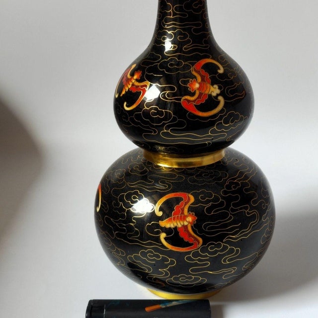 Vintage Cloisonné Enamel Double-Gourd Vase – Black Ground With Gilt Bat & Cloud Motif For Sale In Los Angeles - Image 6 of 8