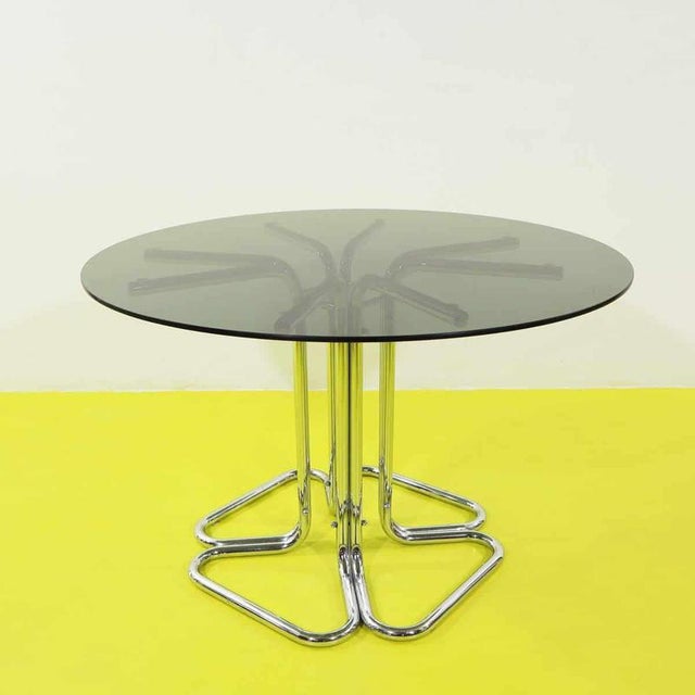 Round Smoked Glass Table with Chrome Tubular Structure For Sale - Image 9 of 9