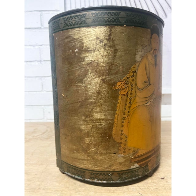 Charming Mid Century Tole Waste Bin with wonderful Decopage additions of an Emperor and elegant trim.Front background is a...