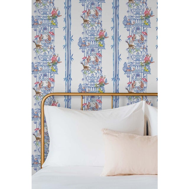 Chinoiserie Shenanigans Toile Grasscloth Wallpaper by House Party | Azure Blue | 8 Yards For Sale - Image 4 of 8