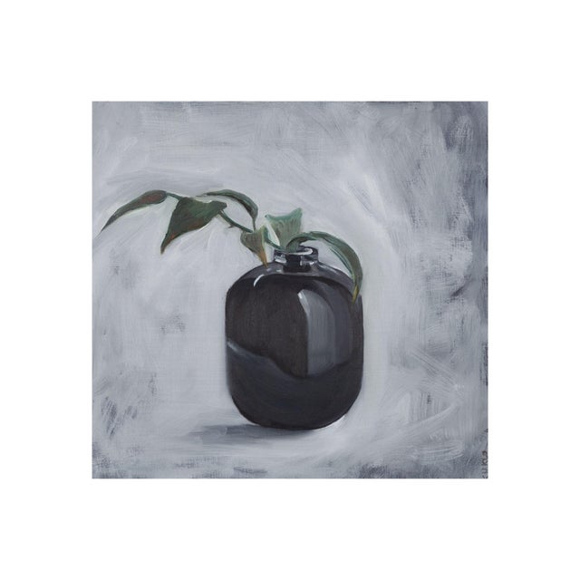 About the painting: this artwork presents a striking still life featuring a black vase set against a subtly textured gray...