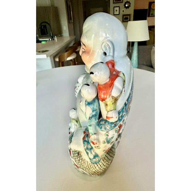 Antique Qing Chinese Famille Rose Porcelain Statue Laughing Buddha For Sale - Image 9 of 17