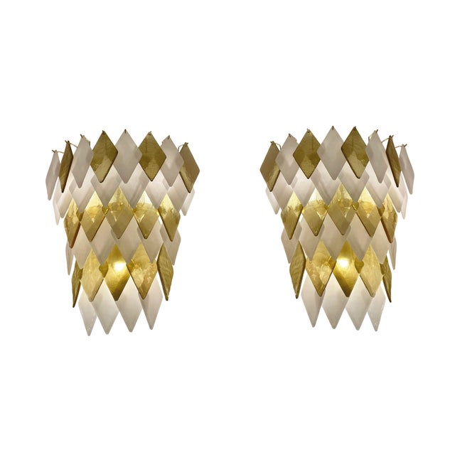 Gold Murano Glass Wall Sconces in Gold and White Rhombuses, Set of 2 For Sale - Image 8 of 8