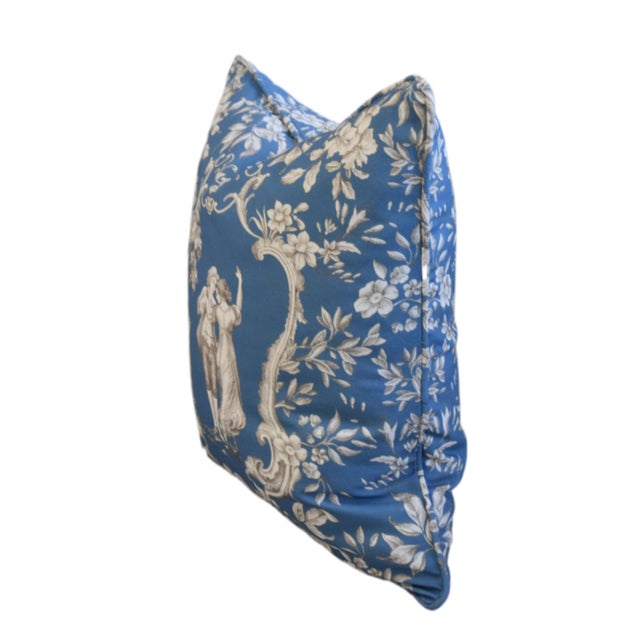 French Country Romantic Blue & White Toile Feather/Down Pillow For Sale - Image 4 of 5