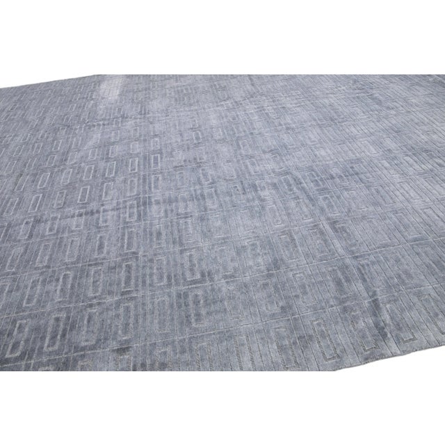 Metal Comtemporary Handmade Wool & Silk Rug With Gray Geometric Pattern For Sale - Image 7 of 8