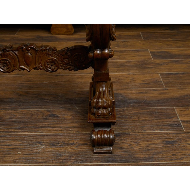 Early 19th Century Italian 1800s Walnut Side Table with Lion Motifs and Richly Carved Trestle Base For Sale - Image 5 of 11