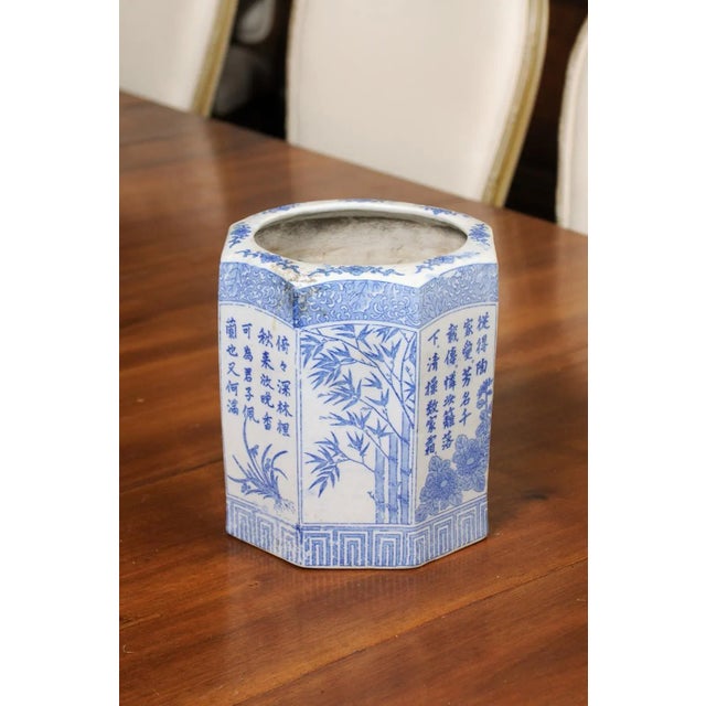 Vintage Chinese Blue & White Hexagonal Porcelain Vase with Hand-Painted Foliage Décor For Sale - Image 11 of 13