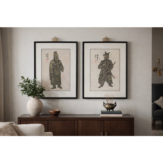SALE - TAKE 20% OFF! This elegant pair of vintage mid-20th century Chinese rubbings showcases tomb relief imagery of a Han...