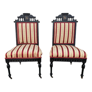 Early 20th Century Pair of Antique Victorian Napoleon III Style Black Ebonized Side Chairs on Casters