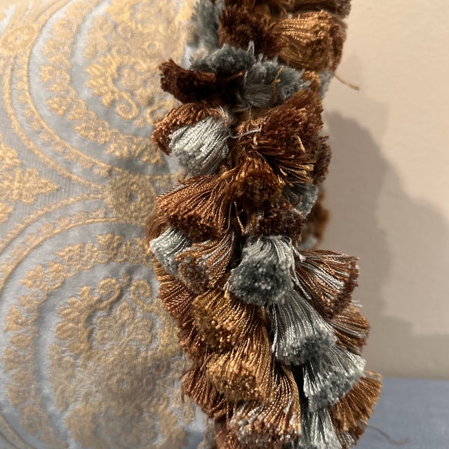 Late 20th Century Mint and Gold Embroidered Bolster Pillow With Tassels For Sale - Image 4 of 9