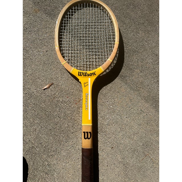 Collection of Vintage Wooden Wilson Tennis Rackets With Cover and Blue and Yellow Accents For Sale - Image 9 of 9