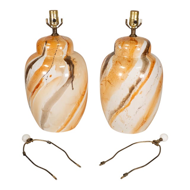 Vintage Morris Greenspan Marbled Glazed Drip Ceramic Table Lamps - Pair For Sale