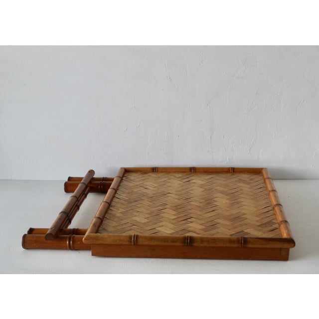 Vintage French Style Handcrafted Rectangle Bamboo Serving Folding Table Center Table X-Base Mid-Century For Sale - Image 12 of 14