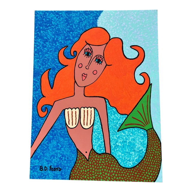 Contemporary Original Outsider Artist B.D.Floyd Folk Art Mermaid Painting “The Mermaid” For Sale