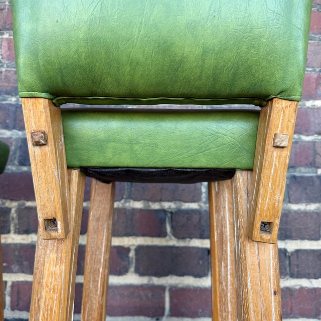 Mid 20th Century Pair of Rustic Green Leather Bar Stools by Ranch Oak For Sale - Image 5 of 12