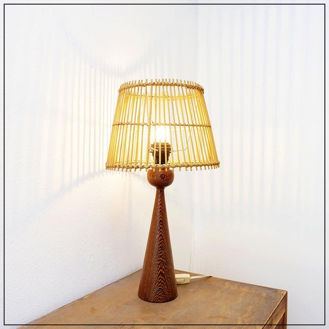 Brown Keel-Shaped Wood Table Lamp with Bamboo Shade, 1960s For Sale - Image 8 of 13