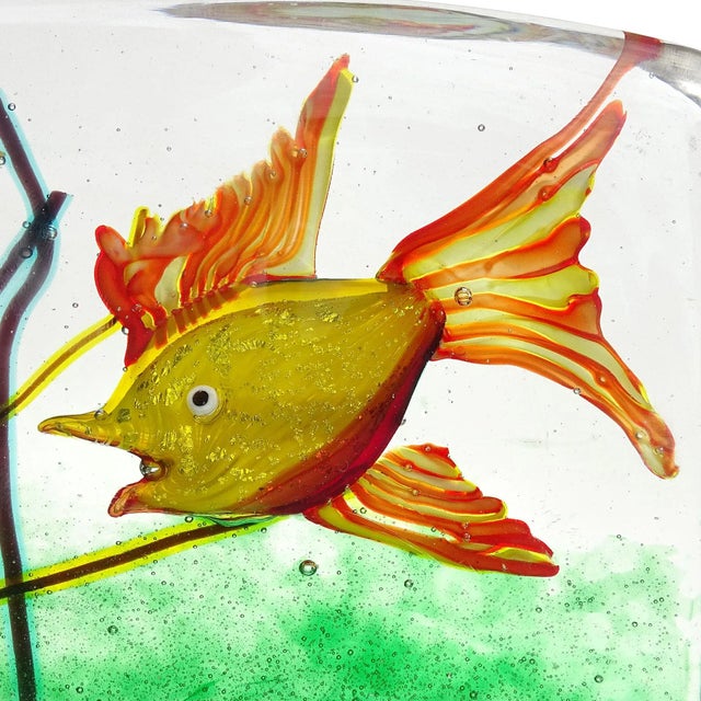 Mid-Century Modern Vintage Murano Yellow Orange Silver Flecks Fish Italian Art Glass Mid Century Aquarium Block Sculpture For Sale - Image 3 of 8