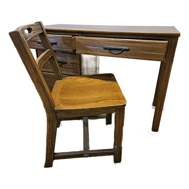 Late 20th Century Ranch Oak Writing Desk and Chair For Sale