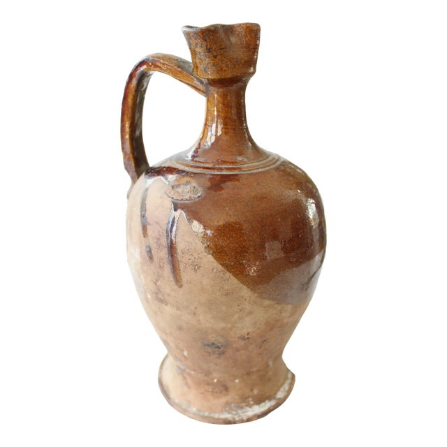 Late 1800's Italian Pottery Drip Glaze Olive Oil Bottle/Imperfect For Sale