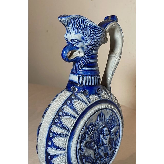 Blue Antique Handmade Figural Blue Gray Westerwald German Pottery Jug Stein Pitcher For Sale - Image 8 of 13