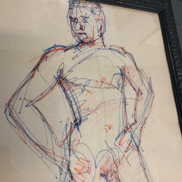 Original red & blue ink Male Nude Study Drawing Mid Century 16 x 20 Overall size with vintage distressed frame is 19.5 x 23.5
