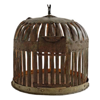 Vintage Industrial Farmhouse Iron Cage Pendant Light For Sale