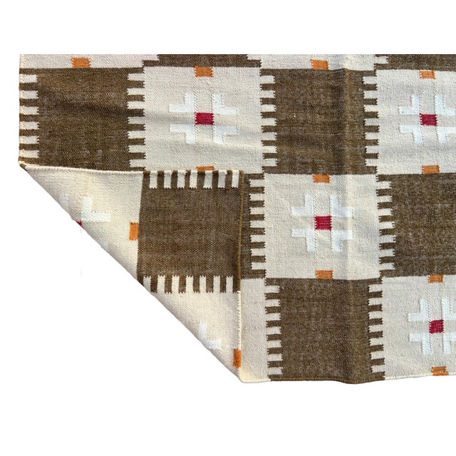 Handwoven New Zealand Wool, Natural Vegetable Dyed, Brown, Cream, Red And Mustard Geometric Patterned Indian Rug- 8'x10'...