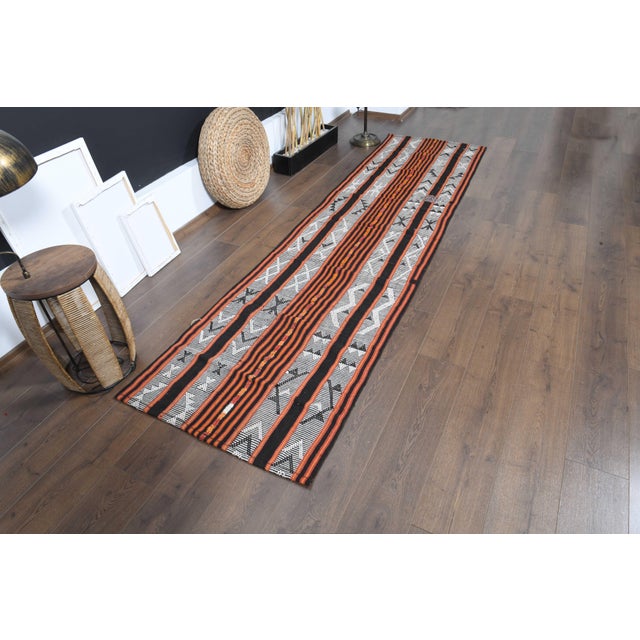 1970s Vintage Handmade Wool Cotton Black Orange Runner Rug For Sale - Image 9 of 11