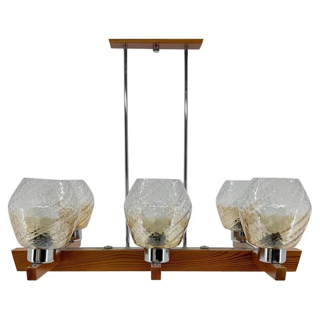 Wood, Chrome & Glass Chandelier attributed to Elektroinstala Decin, 1970s For Sale - Image 11 of 11