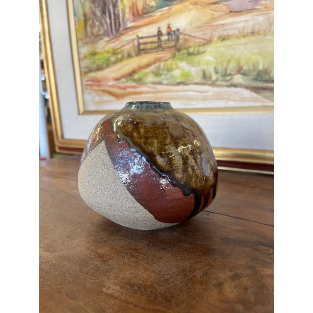 Mid-Century Modern Vintage Studio Pottery Vase, Signed and Dated 1998, Rounded Form With Drip Glaze For Sale - Image 3 of 9