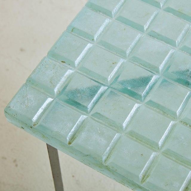 Green Metal + Aqua Glass Top Square Side Table, France 1960s For Sale - Image 8 of 11