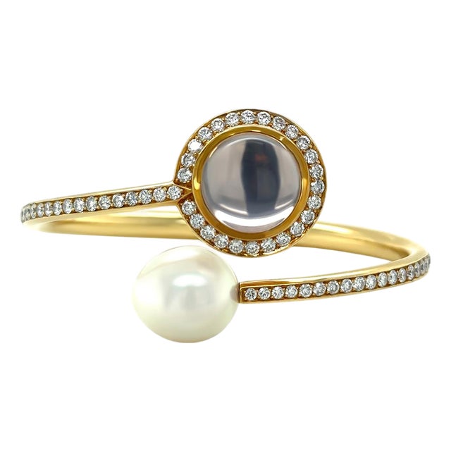 Paspaley 18ct Yellow Gold Muse Pearl & Diamond Bangle 2.18ct 42.85g For Sale