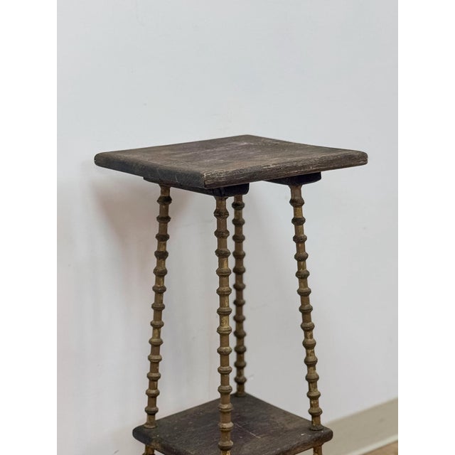 Brown Petite Antique Spool Leg Side Table Two Tier Plant Stand, Pedestal, Wooden Top For Sale - Image 8 of 14