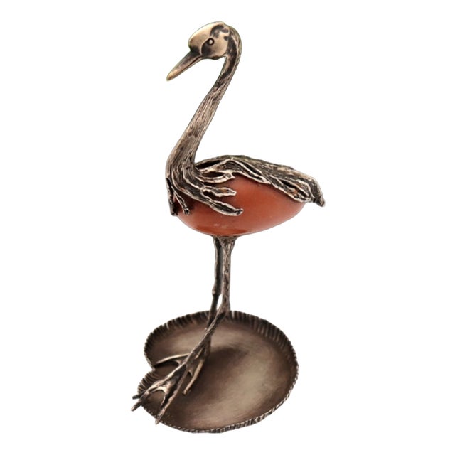 Silver Heron with Reliefs and Application on Hard Stone and Water Lily Leaf For Sale