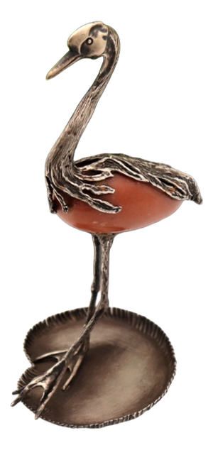 Silver Heron with Reliefs and Application on Hard Stone and Water Lily Leaf