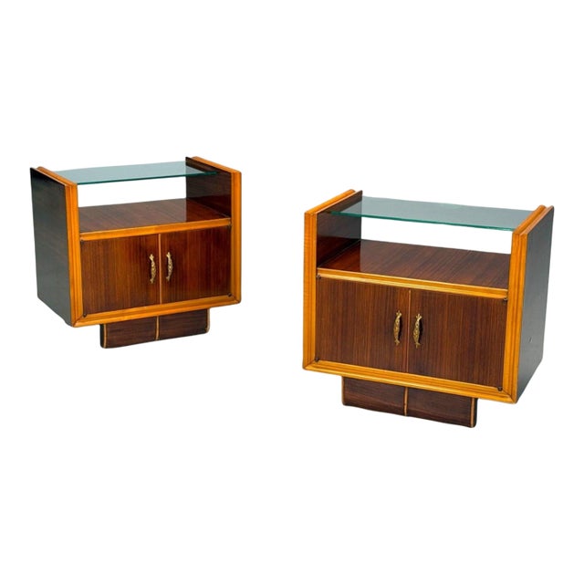 Italian Modern, Wood, Brass, Glass, Nightstands, Italy, 1950s For Sale
