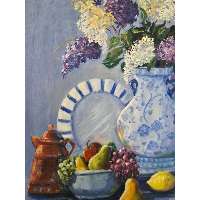 Lavender 1980s G. Ragen Large Original Floral Still Life Painting Signed – 48x36 For Sale - Image 8 of 11