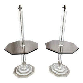 Mid Century Modern Lucite and Smoked Glass Octagonal Floor Lamp/Side Tables - A Pair For Sale