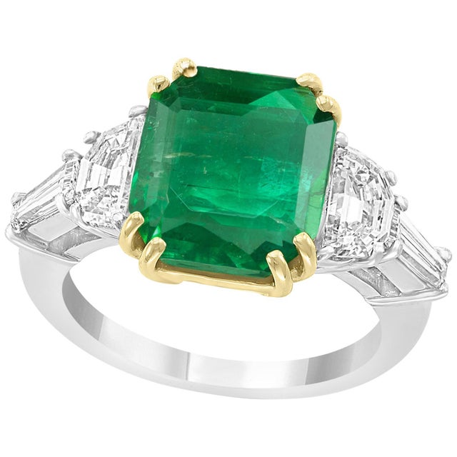 AGL Certified Minor 5.29 Ct Emerald Cut Colombian Emerald Diamond Platinum Ring For Sale - Image 15 of 18
