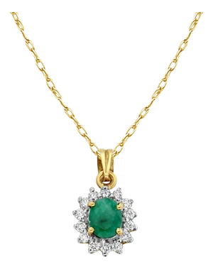Emerald Diamond Halo Necklace 14k Yellow Gold 16"